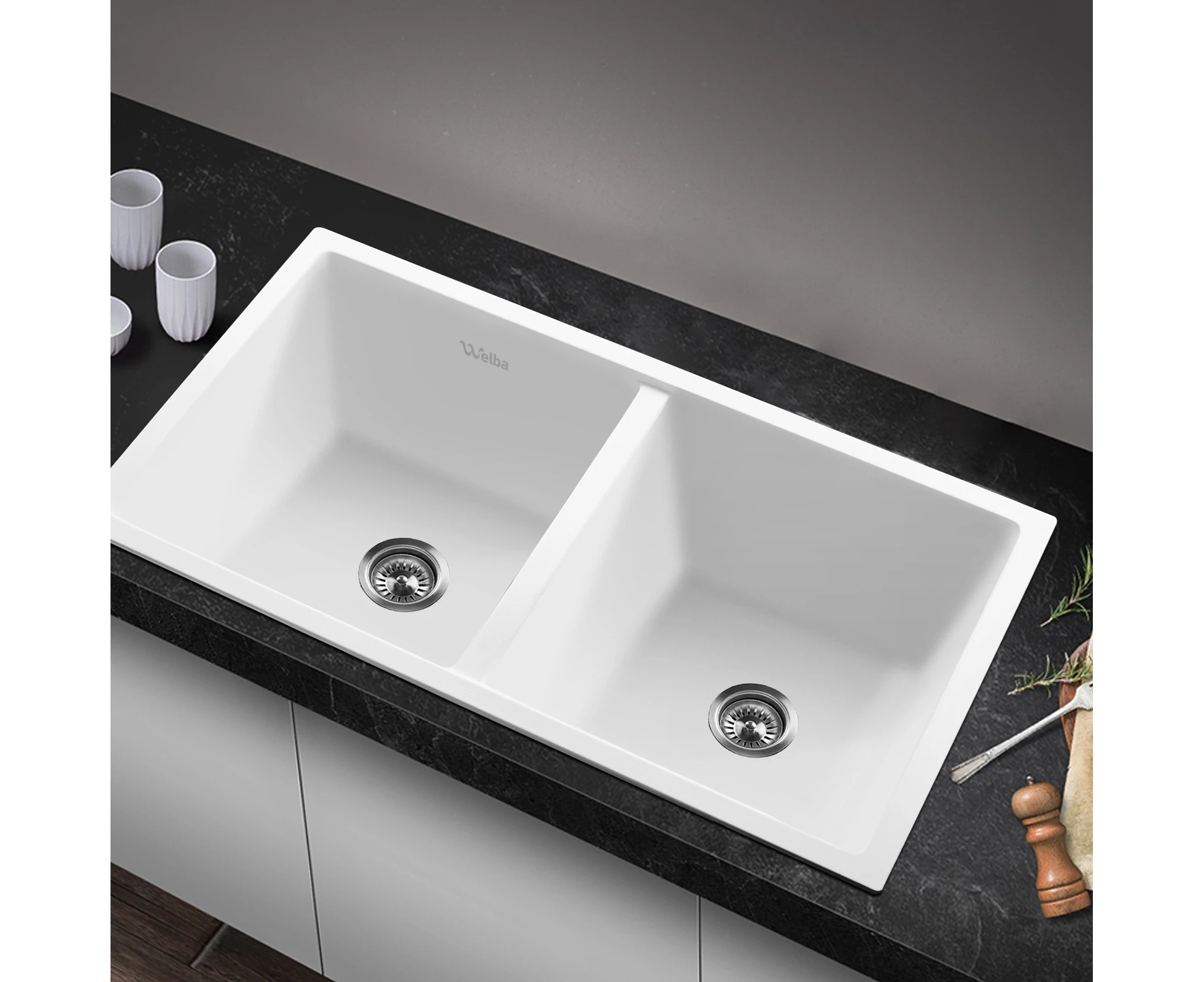 Welba Stone Granite Kitchen Sink Bathroom Basin Sink Under/Top Mount Double Bowl