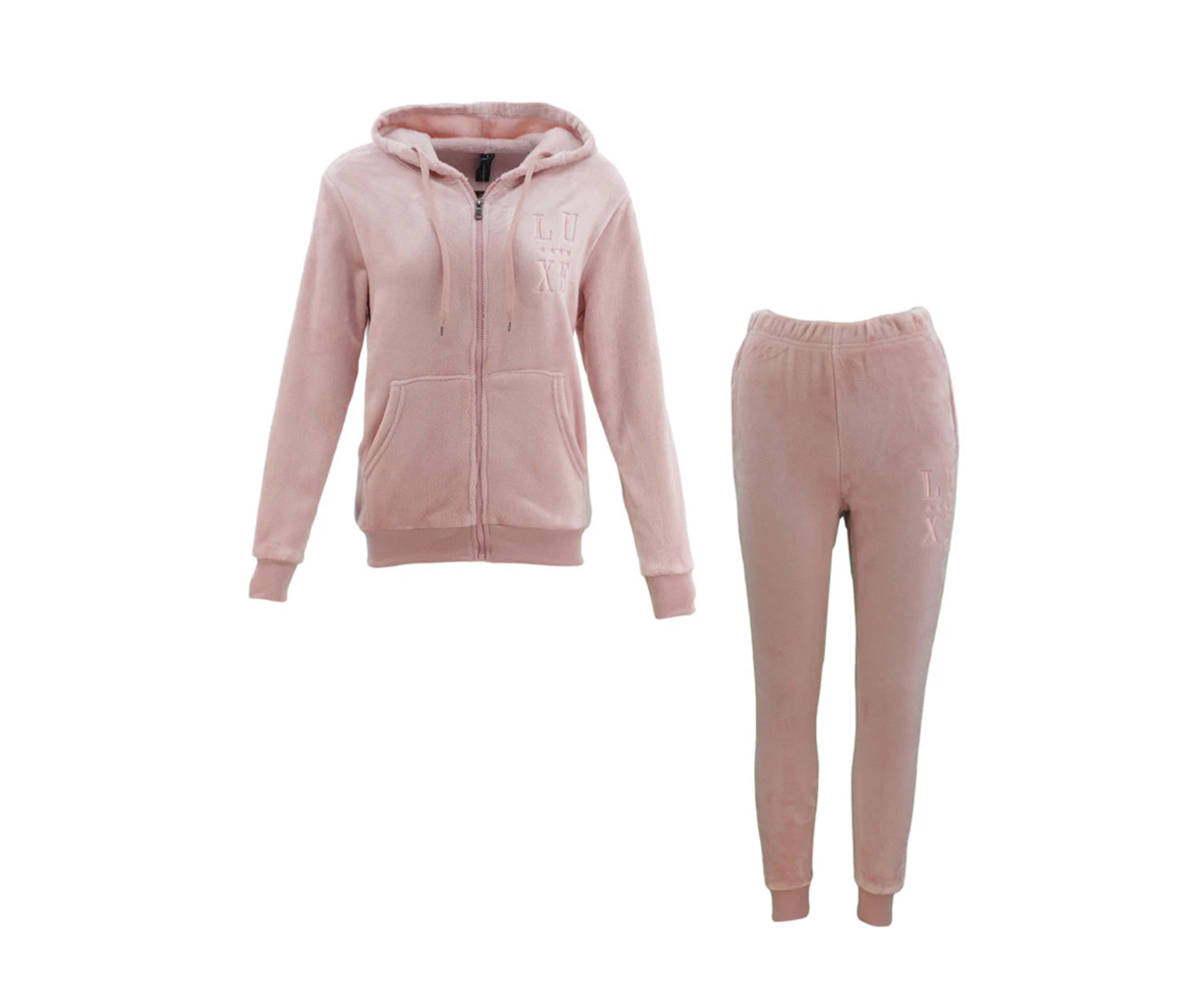 FIL Women's Velvet Fleece Zip Hoodie 2pc Set Loungewear - LUXE/Dusty Pink