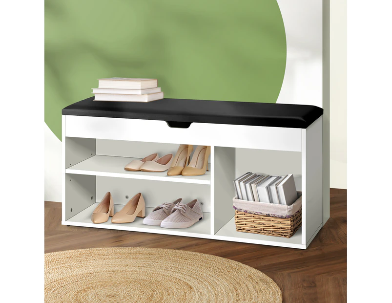 Oikiture Shoe Cabinet Bench Shoe Storage Rack Padded Seat Organiser Wooden Shelf - White