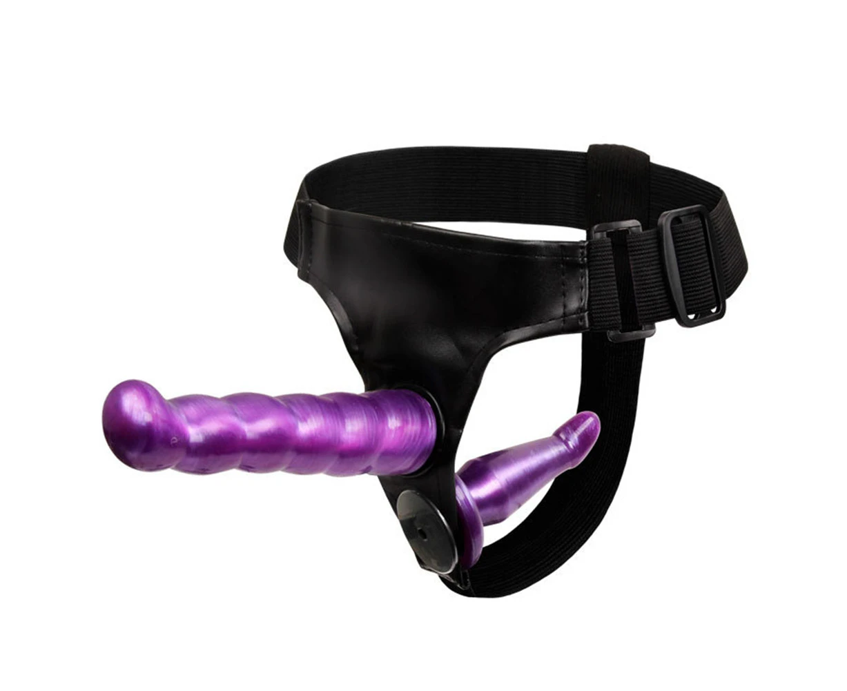 Double Ended Strap On Dildo Penis Women Lesbian Couples Sex Toy Adult Products-Black + Purple