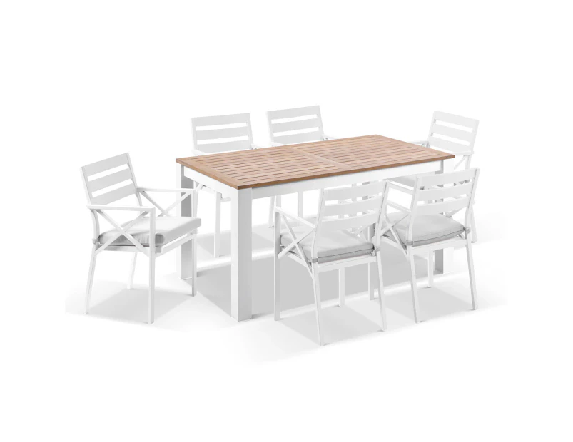 Balmoral 1.8m Teak Top Aluminium Table with 6 Kansas Dining Chairs - Outdoor Aluminium Dining Settings - White