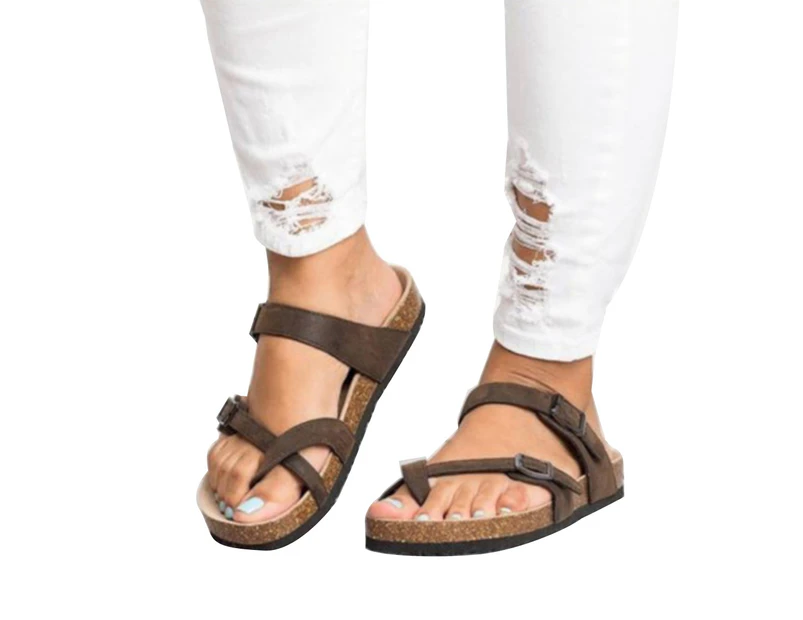 Women Summer Beach Clip Toe Buckle Strap Slide Sandals Shoes Flat Flip-Flops-Brown - Brown