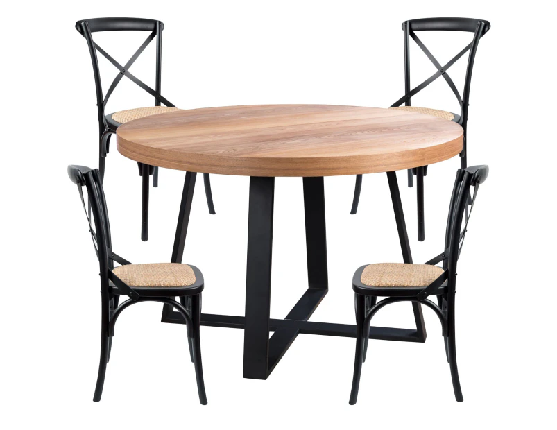 Petunia  5pc 120cm Round Dining Table Set 4 Cross Back Chair Elm Timber Wood