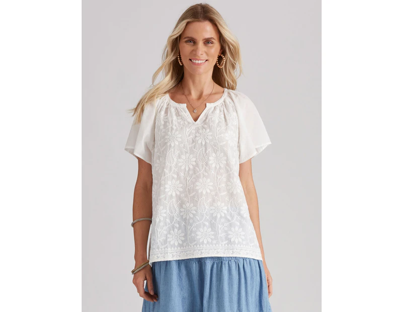 Millers Short Sleeve Cotton Broderie Front Blouse - Womens - Schiffly