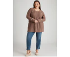Beme Long Sleeve Military Button Long Jumper - Womens - Plus Size Curvy - Taupe