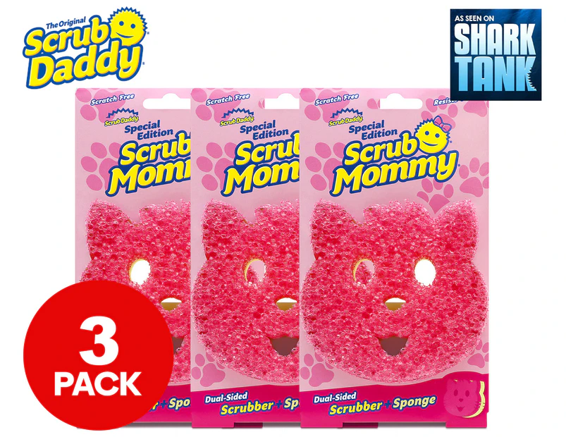 3 x Scrub Daddy Dual-Sided Scrub Mummy Scrubber & Sponge - Pink & Yellow Cat