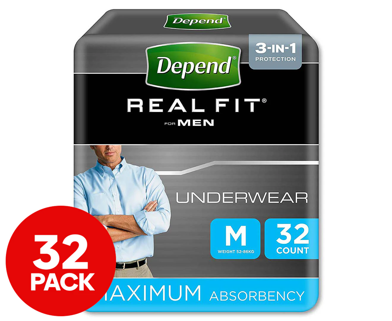 Depend Men's Medium Real Fit Incontinence Underwear 32-Pack