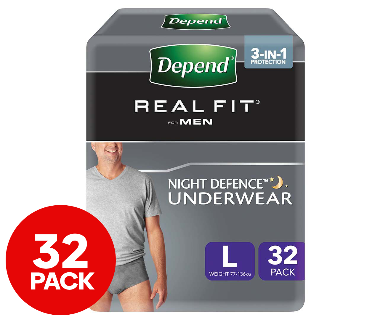 Depend Men's Large Real Fit Night Defence Incontinence Underwear 32 ...