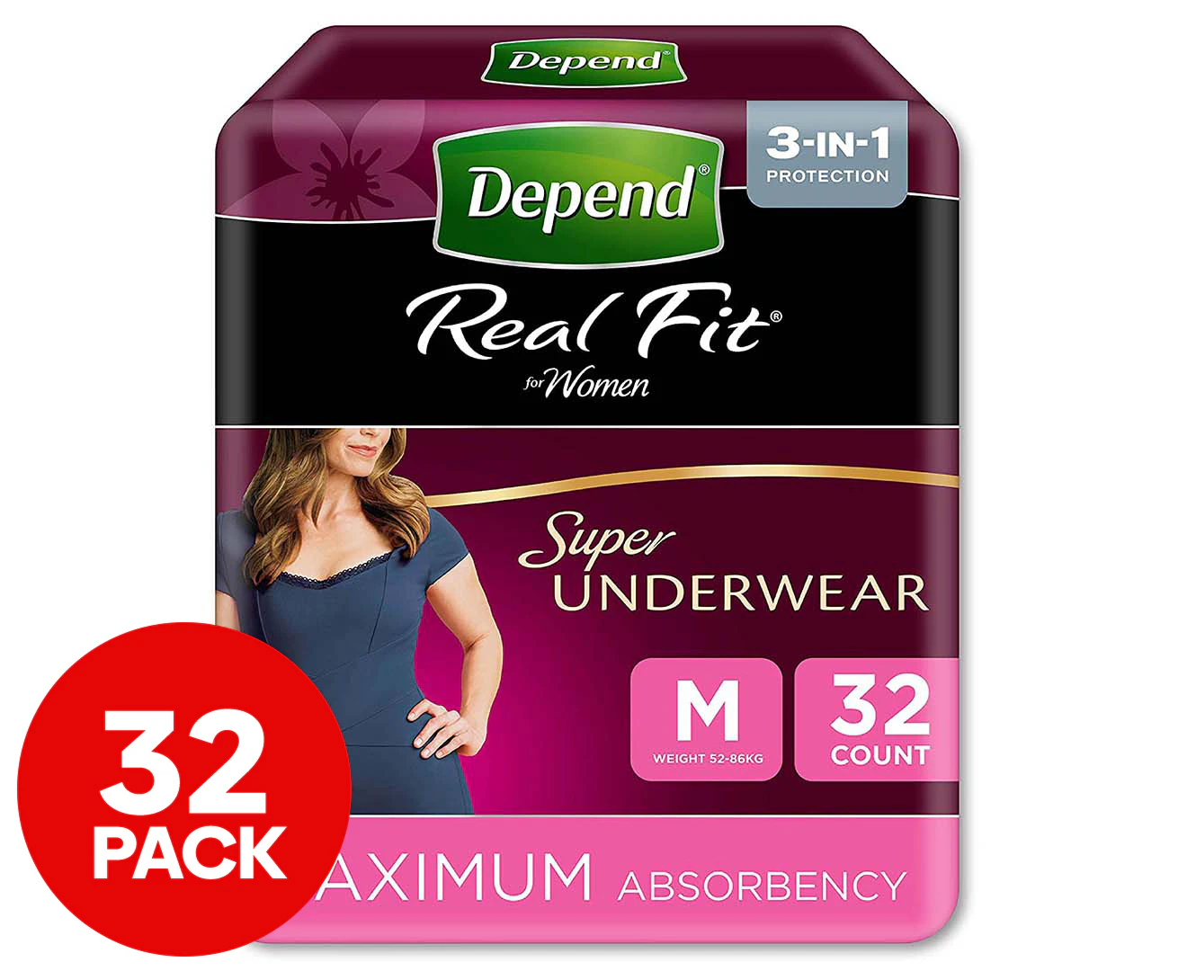 Depend Women's Medium Real Fit Super Incontinence Underwear 32-Pack