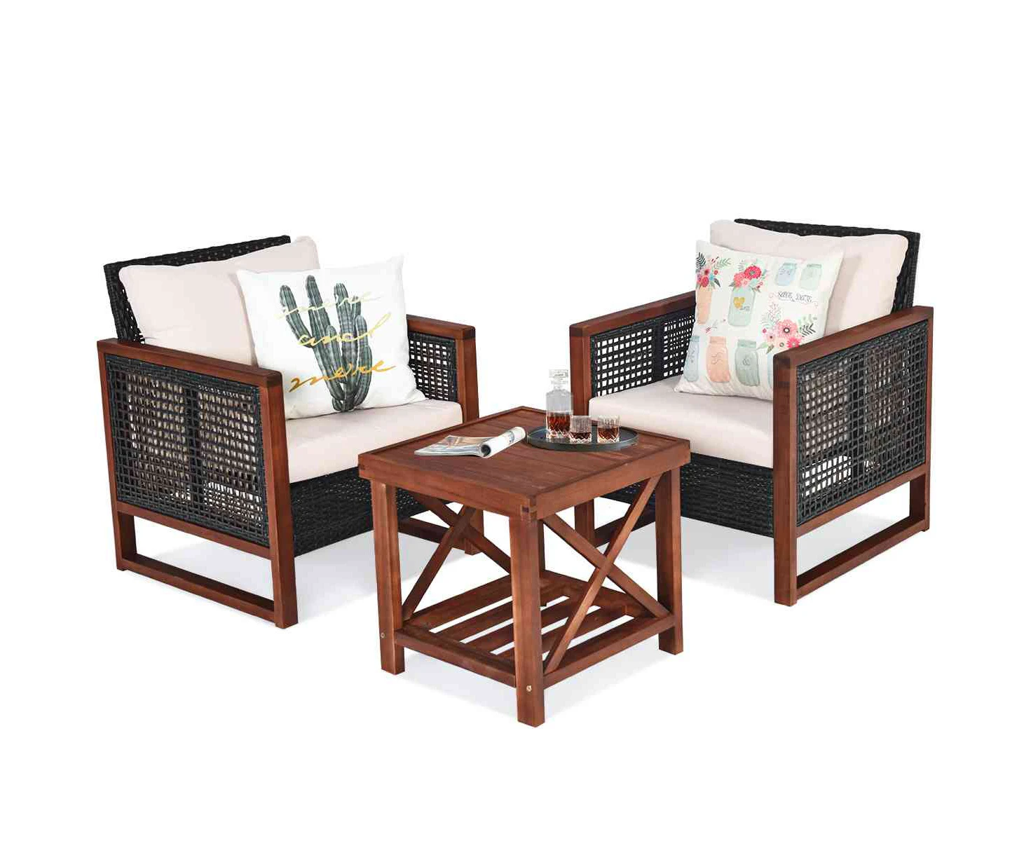 Costway 3PCS Outdoor Patio Wooden Furniture Rattan Sofa Set Wicker Table Chairs w/Cushion, Bistro Garden Backyard