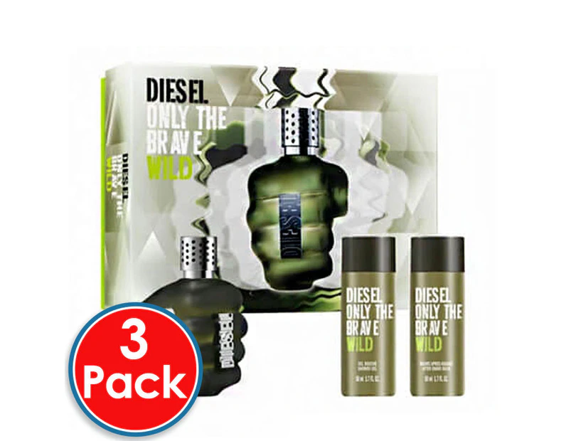 3 x Diesel Only The Brave Wild 3pcs Gift Set 75ml EDT Men Fragrance Shower Gel