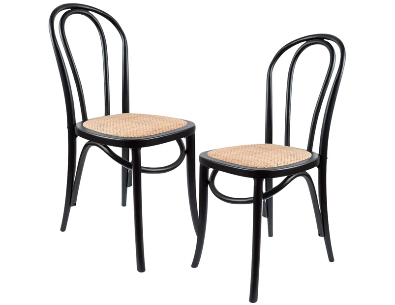 Azalea Arched Back Dining Chair 2 Set Solid Elm Timber Wood Rattan Seat - Black