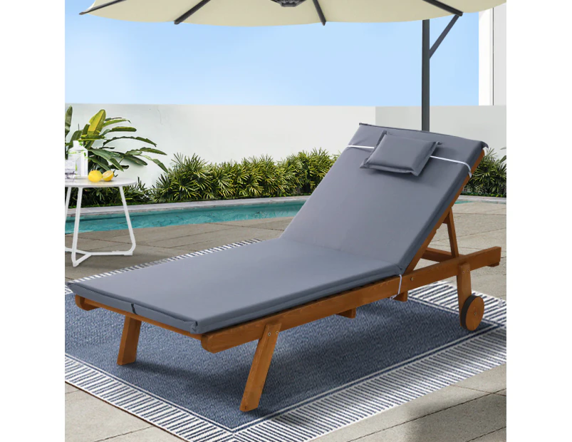 Gardeon Sun Lounge Wooden Lounger Outdoor Furniture Day Bed Wheels Patio Grey