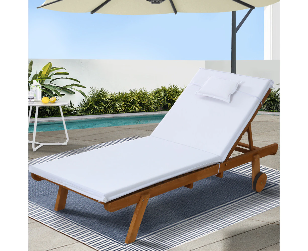 Gardeon Sun Lounge Wooden Lounger Outdoor Furniture Day Bed Wheels Patio White