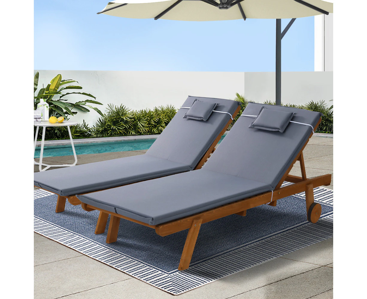 Gardeon 2x Sun Lounge Wooden Lounger Outdoor Furniture Day Bed Wheel Patio Grey