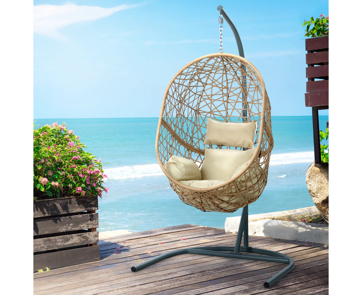 Gardeon Outdoor Egg Swing Chair Wicker Rattan Furniture Pod Stand Cushion Yellow