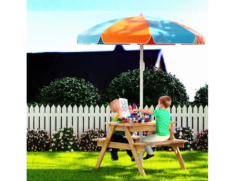 Keezi Kids Outdoor Table and Chairs Picnic Bench Umbrella Set Water Sand Pit Box