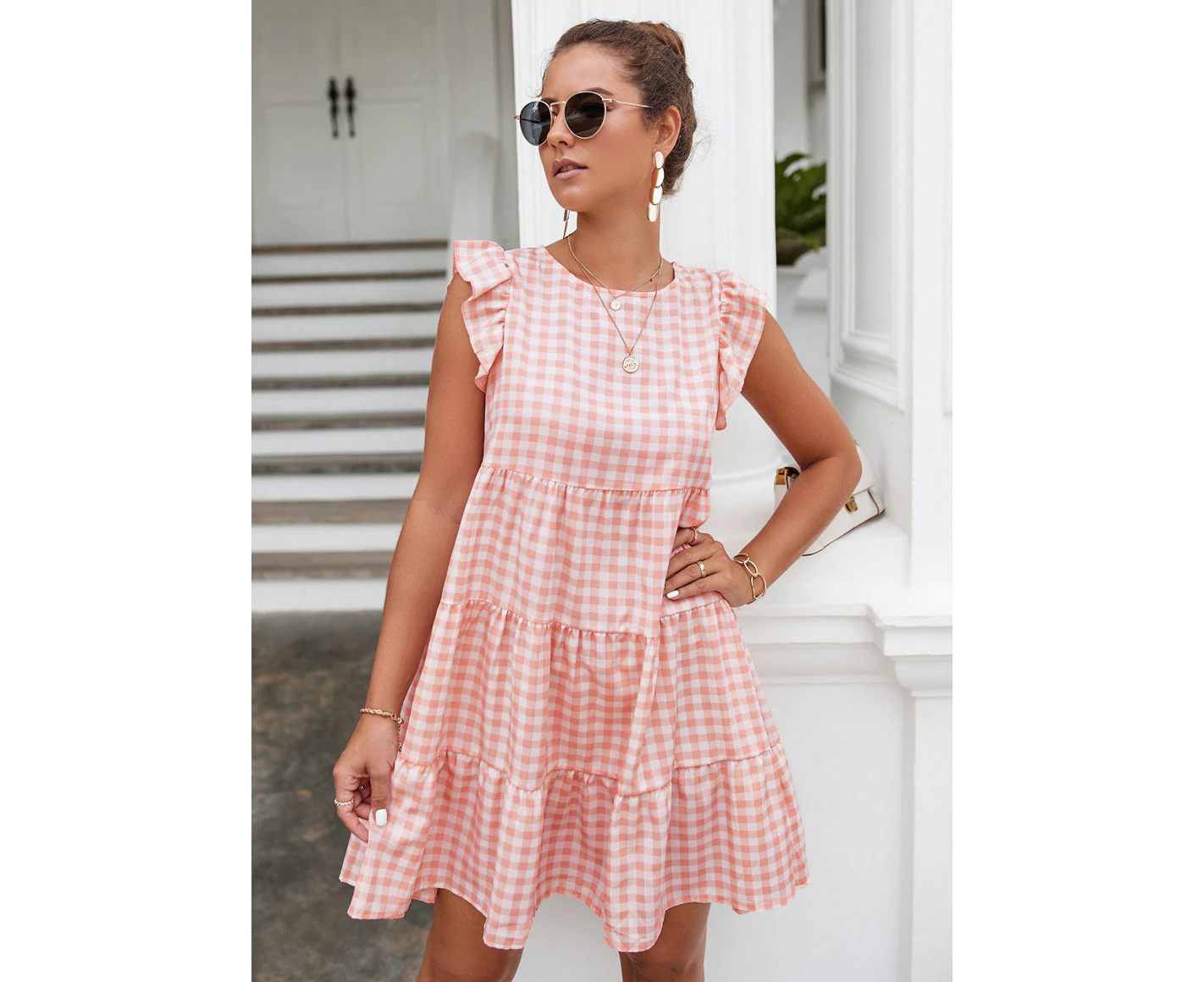 WeMeir Women's Summer Plaid Bohemian Sleeveless Dress Casual A-lined Pleated Mini Dress for Women Ruffle Flowy Beach Midi Sundress - Pink