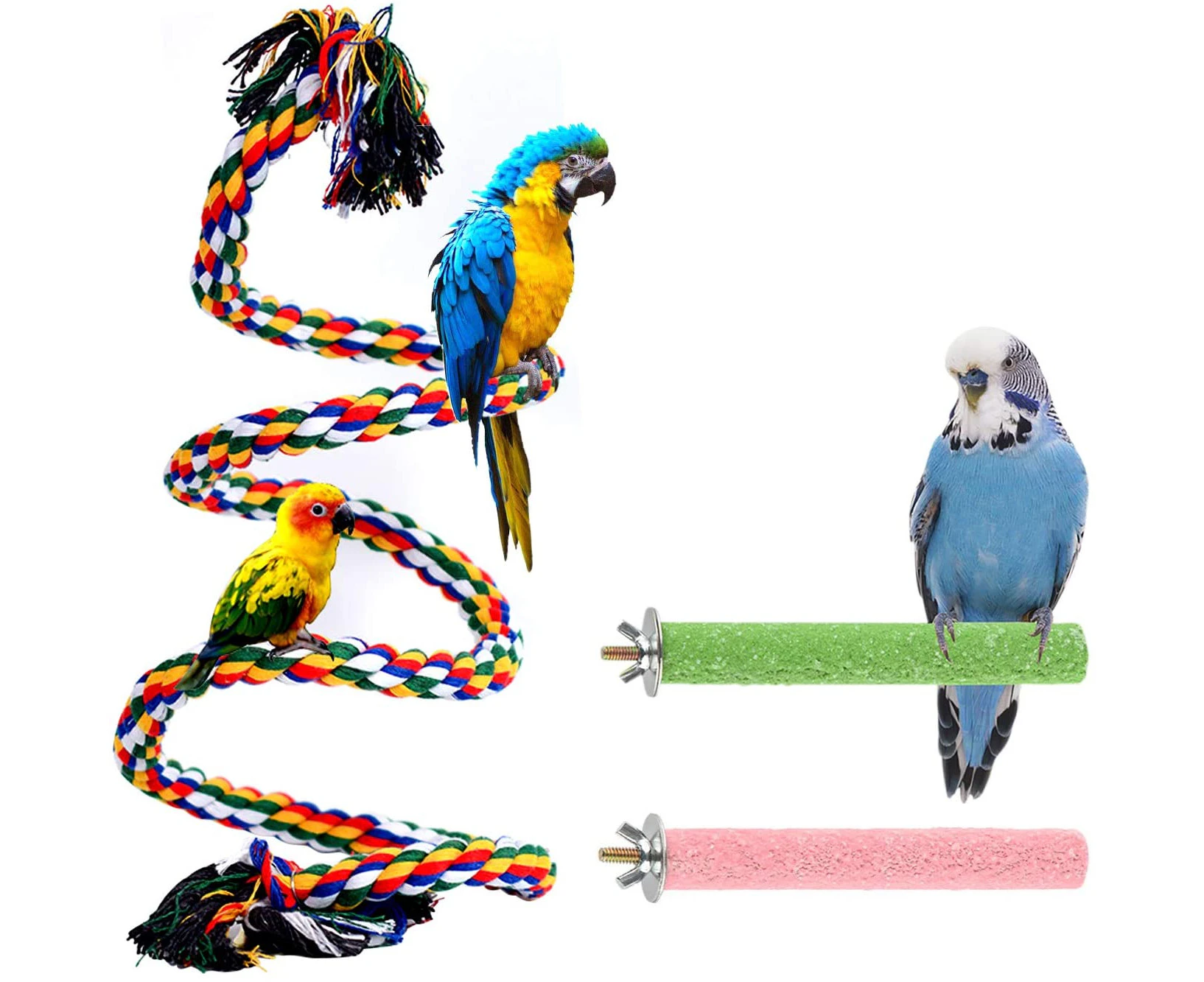 Bird Perch Stand Bird Rope Perch Bird Toys 3 Pcs for Parakeets Cockatiels, Conures, Macaws, Lovebirds, Finches