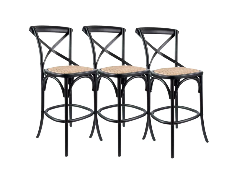 Aster 3pc Crossback Bar Stools Dining Chair Solid Birch Timber Rattan Seat Black