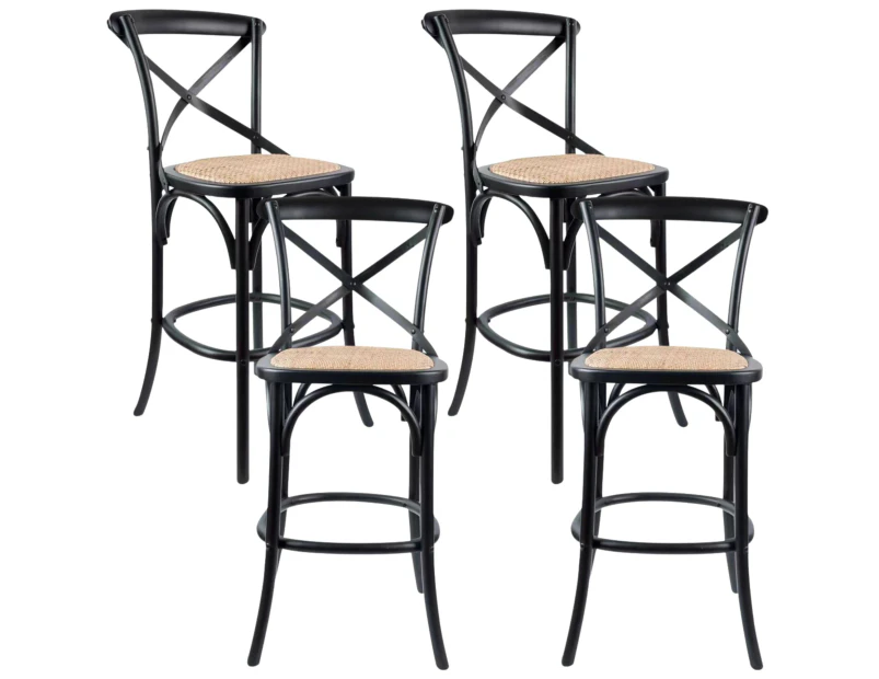 Aster 4pc Crossback Bar Stools Dining Chair Solid Birch Timber Rattan Seat Black