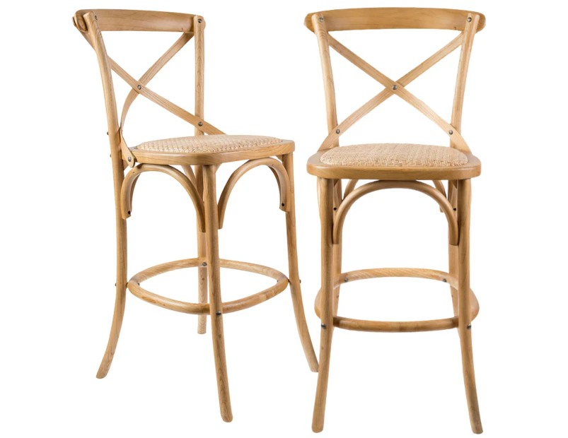 Aster 2pc Crossback Bar Stools Dining Chair Solid Birch Timber Rattan Seat - Oak