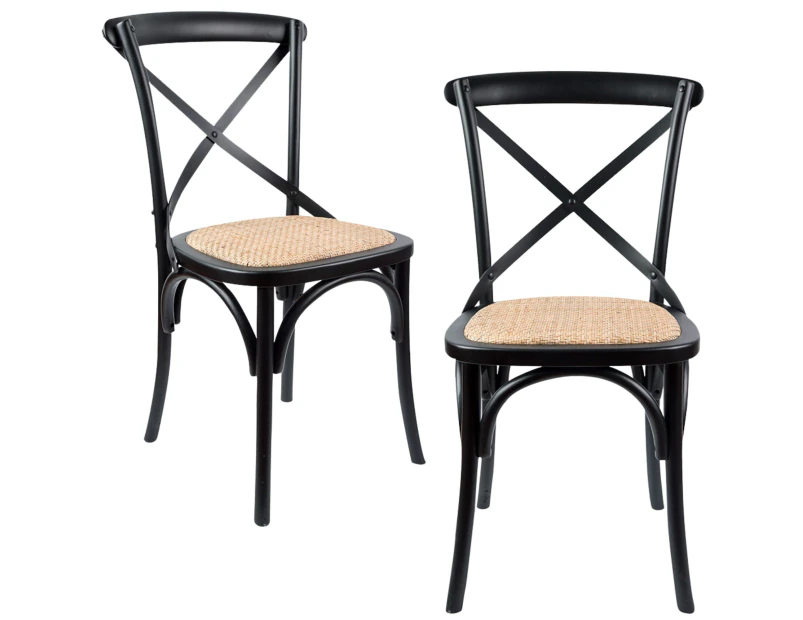 Aster Crossback Dining Chair Set of 2 Solid Birch Timber Wood Ratan Seat - Black