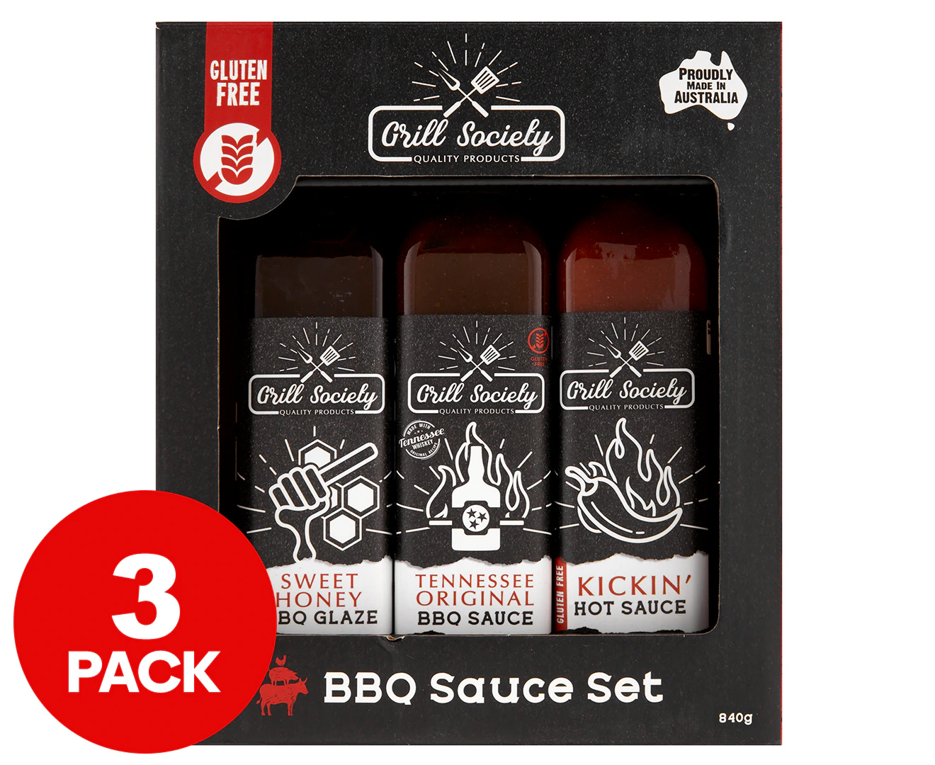 3pc Grill Society BBQ Sauce/Glaze Sweet Honey/Tennessee Original/Kickin Hot Set