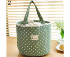 Portable Linen Cotton Polka Dot Drawstring Insulated Food Lunch Box Bag Gift-Green - Green