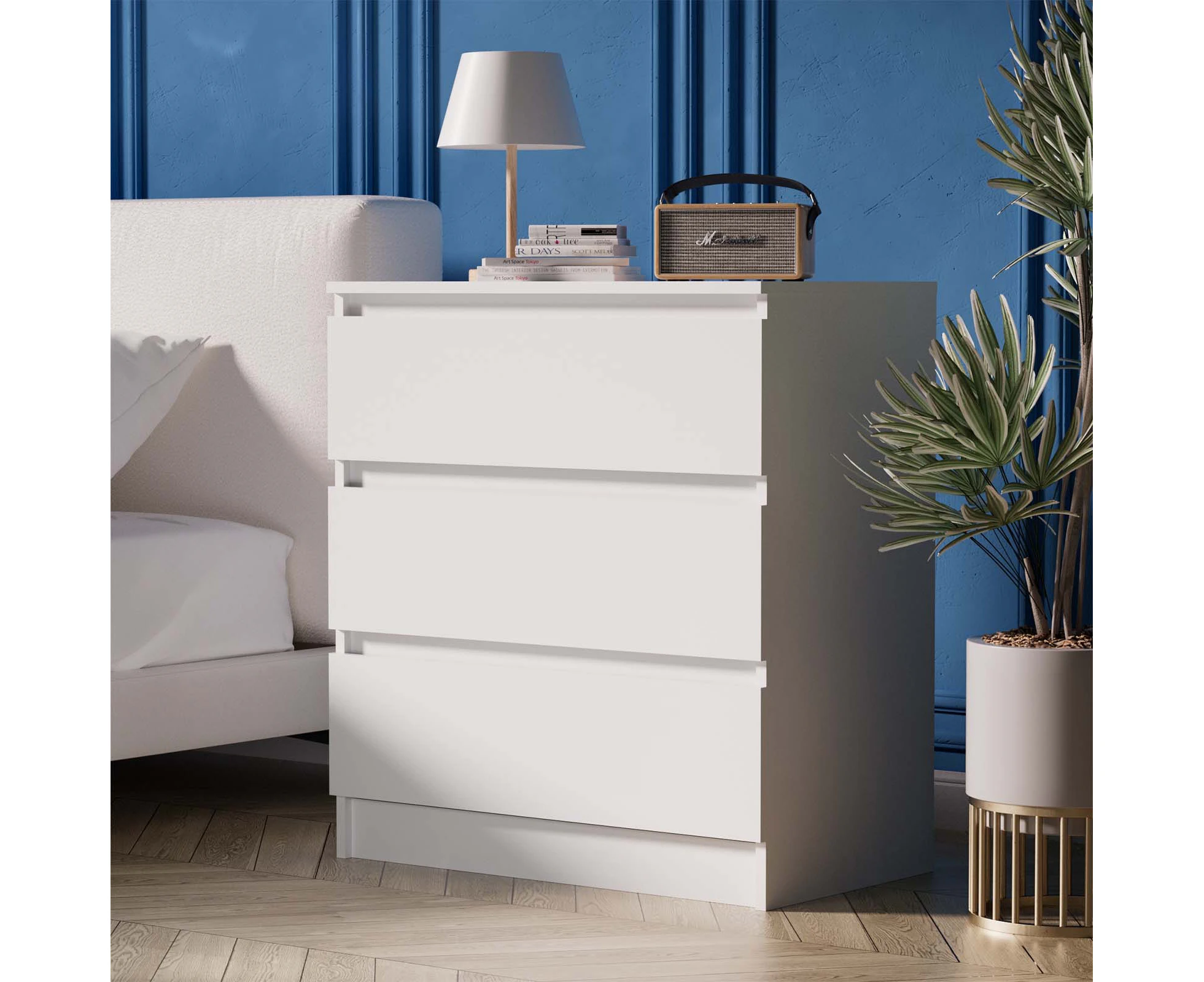 Ufurniture Bedside Table 3 Drawers Nightstand 77cm Side Table Storage Cabinet for Bedroom Living Room White