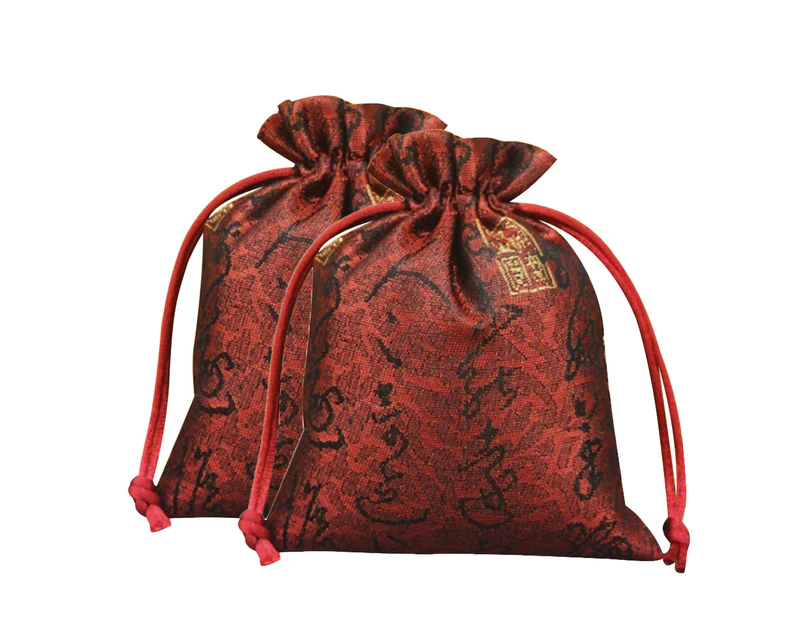 2Pcs Calligraphy Print Storage Bag Jewelry Tea Holder Organzier Drawstring Pouch-Red - Red