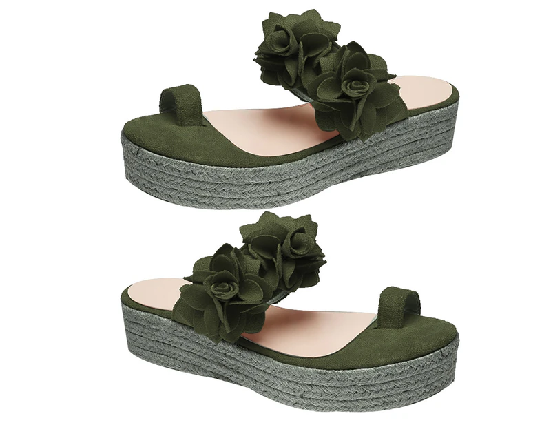 Fashion Women Flowers Decor Sandals Toe Loop Flip Flops Slippers Platform Shoes-Green - Green