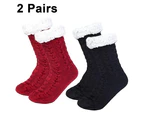 2 pairs Floor Socks Winter Cozy Fluffy Warm Fleece Soft Comfy Thick Non Slip Christmas Home - Twist Black + twist Wine Red