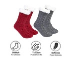 2 pairs Floor Socks Winter Cozy Fluffy Warm Fleece Soft Comfy Thick Non Slip Christmas Home - Twisted wine red + twisted light gray