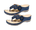 Flower Round Toe Wedge Open Toe Anti-slip Sandals Flip Flops Footwear for Daily Life-Blue - Blue