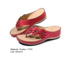 Flower Round Toe Wedge Open Toe Anti-slip Sandals Flip Flops Footwear for Daily Life-Red - Red