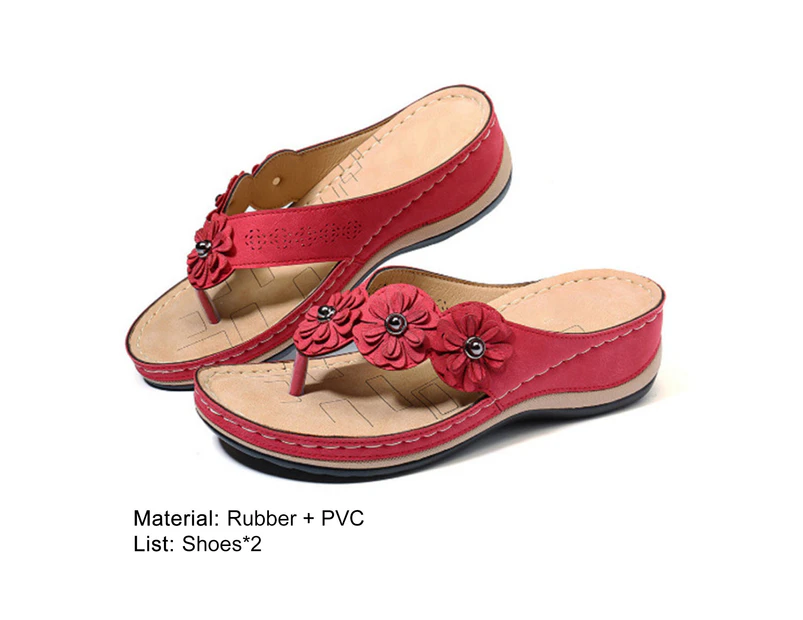 Flower Round Toe Wedge Open Toe Anti-slip Sandals Flip Flops Footwear for Daily Life-Red - Red