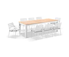 Balmoral 2.5m Teak Top Aluminium Table with 8 Kansas Dining Chairs - Outdoor Aluminium Dining Settings - White