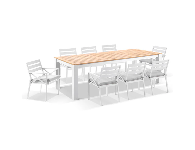 Balmoral 2.5m Teak Top Aluminium Table with 8 Kansas Dining Chairs - Outdoor Aluminium Dining Settings - White