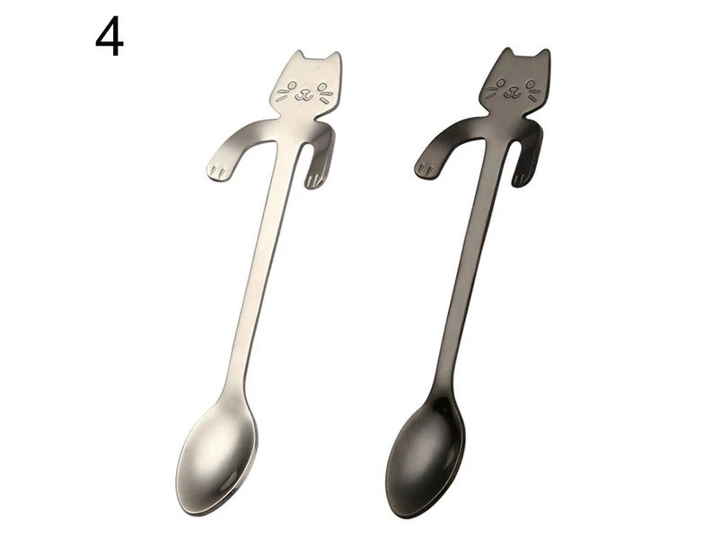 2Pcs Stainless Steel Spoon Cartoon Cat Long Handle Lovely Dessert Soup Flatware