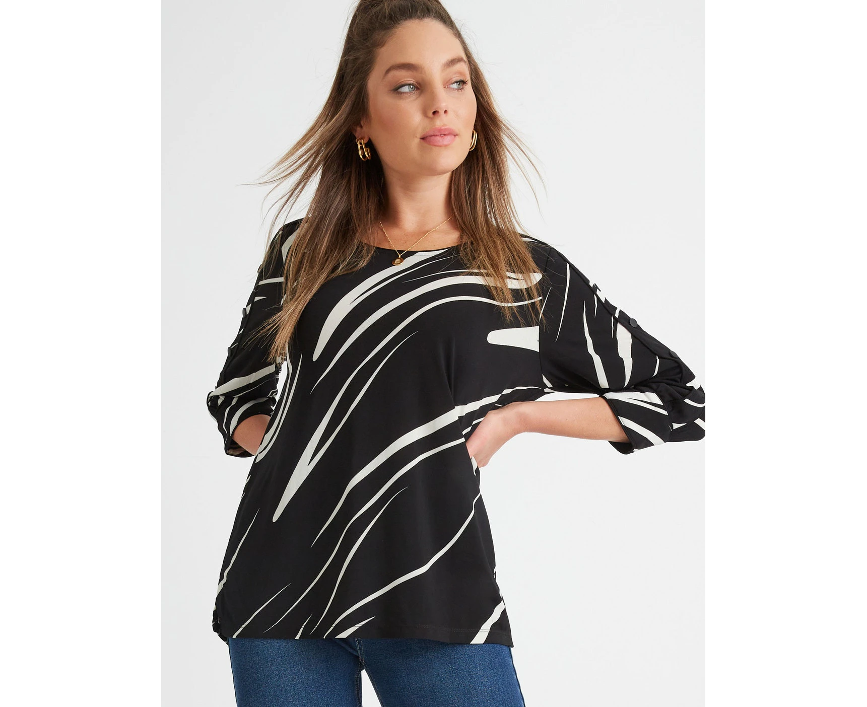 Rockmans - Womens Summer Tops - Black Basic - Smart Casual Fashion Work Clothes - Mono - Long Sleeve - Knit - Elastane - Button Detail - Office Wear