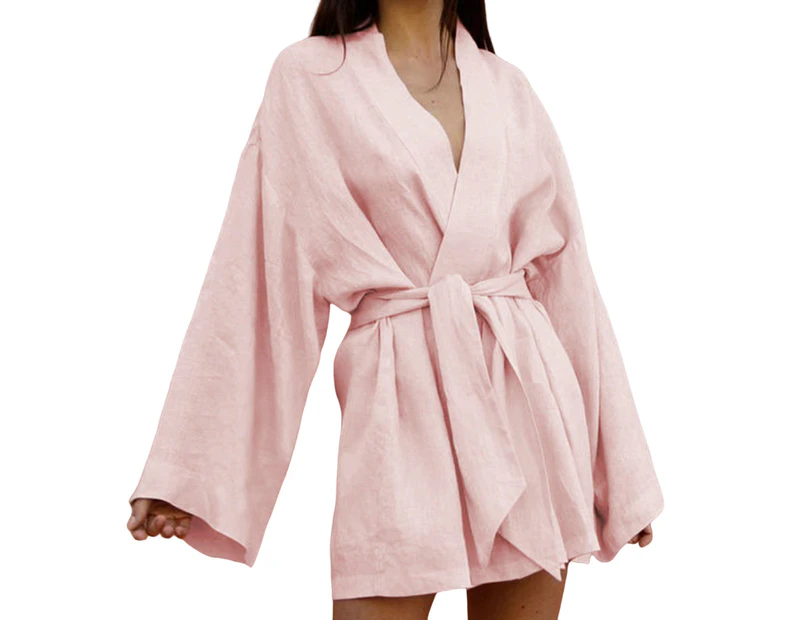 Women Bathrobe Cardigan Long Sleeves V Neck Solid Color Comfortable Sleeping Belt Lace Up Above Knee Sleeping Gown for Home Wear-Pink