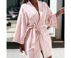 Women Bathrobe Cardigan Long Sleeves V Neck Solid Color Comfortable Sleeping Belt Lace Up Above Knee Sleeping Gown for Home Wear-Pink