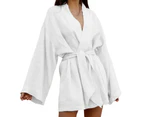 Women Bathrobe Cardigan Long Sleeves V Neck Solid Color Comfortable Sleeping Belt Lace Up Above Knee Sleeping Gown for Home Wear-White