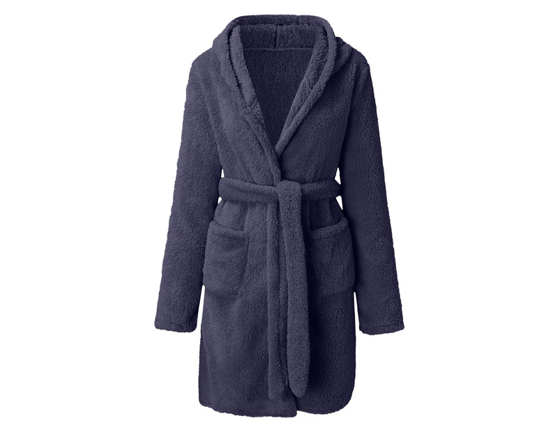 Women Winter Bathrobe Solid Color Thick Sleepwear Warm Belt Cardigan Tight Waist Plush Water Absorption Lady Nightgowns for Home-Navy Blue