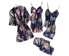 5 Pcs/Set Women Pajamas Set Soft Fabric Breathable Colorful Flower Print Women Sleepwear Set Sleeping Clothes -Blue