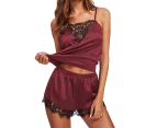 2 Pcs/Set Women Nightie Set graceful Lace Stain Patchwork Pajamas Set for Bedroom-Wine Red