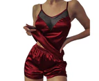 2 Pcs/Set Lady Pajamas Solid Color Stain Hollow Out See-though Underwear Set for Home-Wine Red