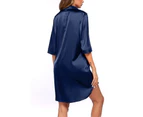 Women Nightshirt Turn-down Collar Cardigan Single-breasted Casual Lady Pajamas for Bedroom-Royal Blue