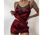 2 Pcs/Set Lady Pajamas Solid Color Stain Hollow Out See-though Underwear Set for Home-Wine Red